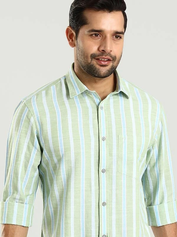 Indian Terrain Men's Regular Fit Full Sleeve Striped Green Shirt